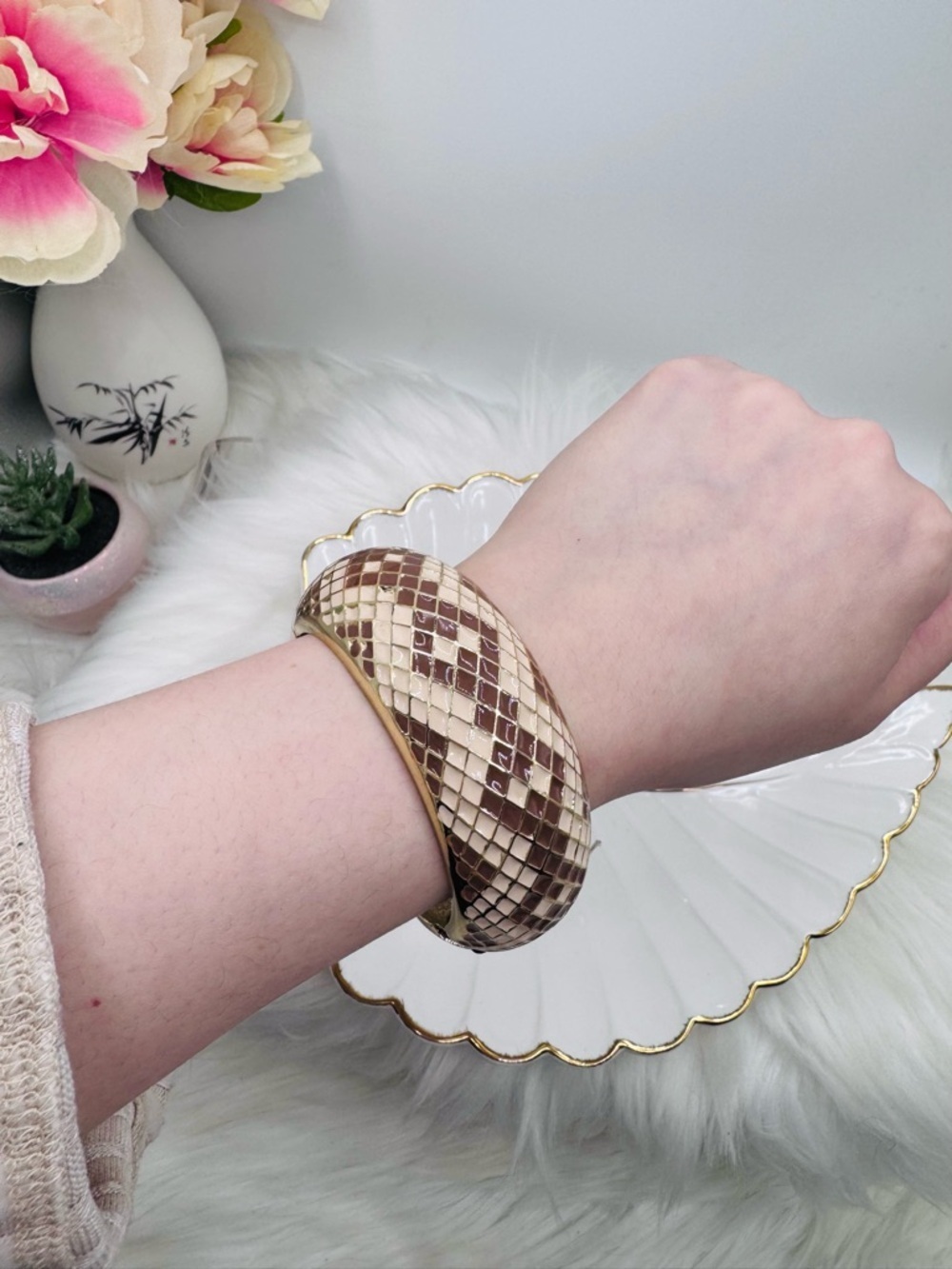 Gold Tone Mosaic Tile Wide Bangle Bracelet Statement  Nordstrom - Picture 2 of 8